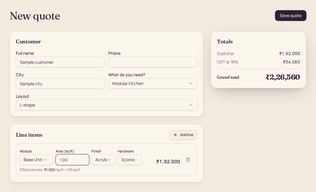 Actual Cubekrafts quote builder with unsaved sample customer details, a 100 sq ft line and calculated totals